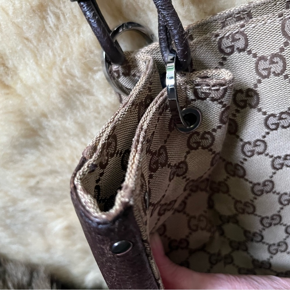 Authentic Gucci Tote Bag GG Canvas Brown Cinghiale Leather Great Condition! - Picture 8 of 16